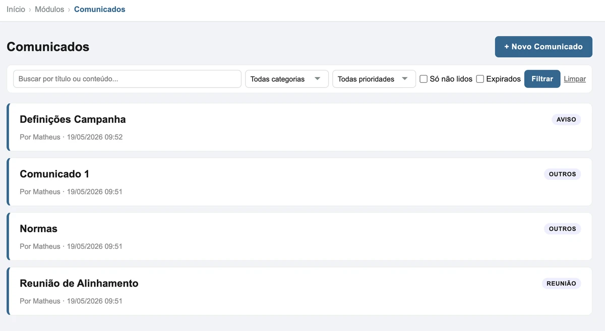 Tela do módulo Comunicados do ZZ Loja